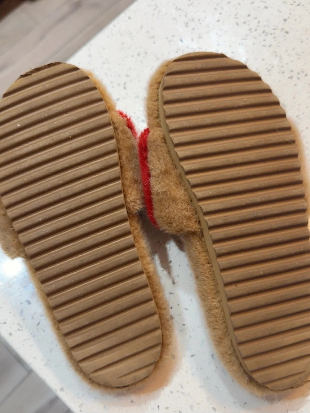 Burberry Tan Fuzzy Slide Sandals with Black & White Stripes